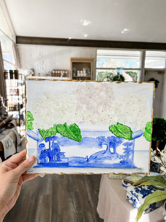 White Hydrangea with Chinoiserie watercolor original