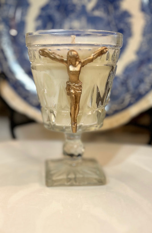 Jesus on crucifix on vintage glass goblet Strong of Pearls