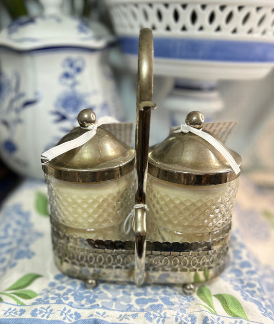 Vintage crystal and silver cream and sugar with holder. 2 candles  Beautiful Soul and String of Pearls