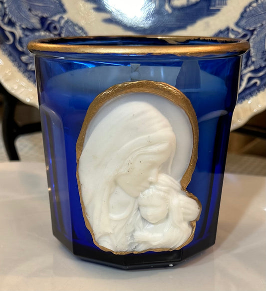 Blessed Mother with Child intaglio on Vintage blue glass Beautiful Soul