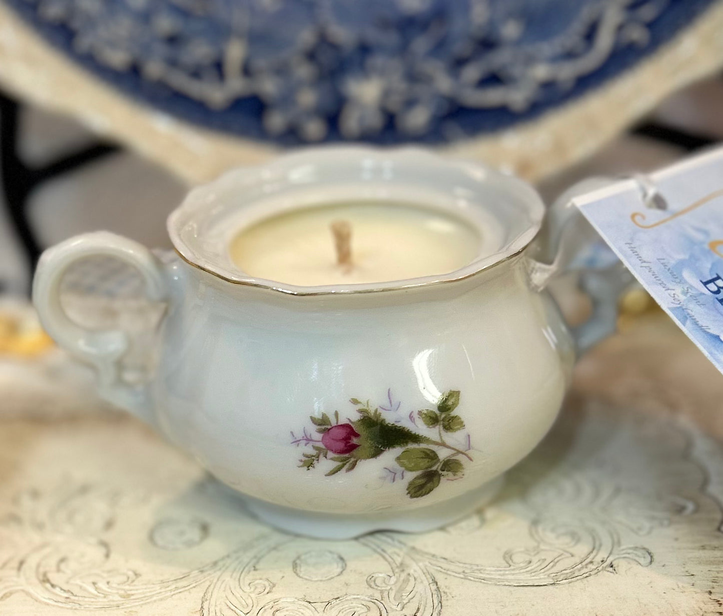 Hortensia Bleu “ Blue Hydrangea” in vintage creamer with roses