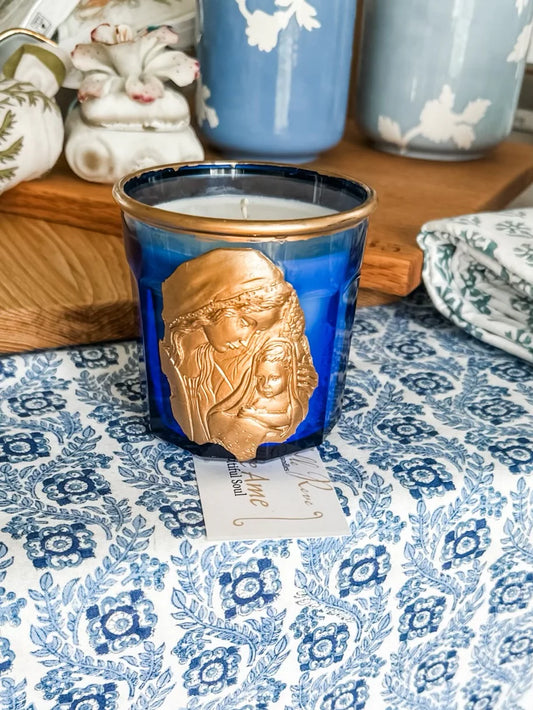 Beautiful Soul vintage blue glass with Blessed Mother and Child