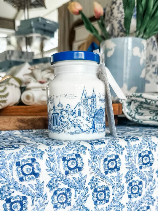 Heaven blue and white milk glass jar