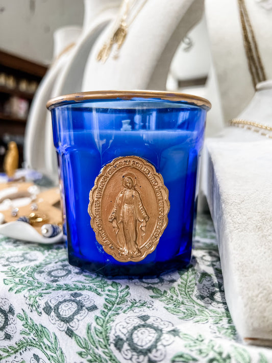 Blessed Mother intaglio on vintage blue glass Beautiful Soul