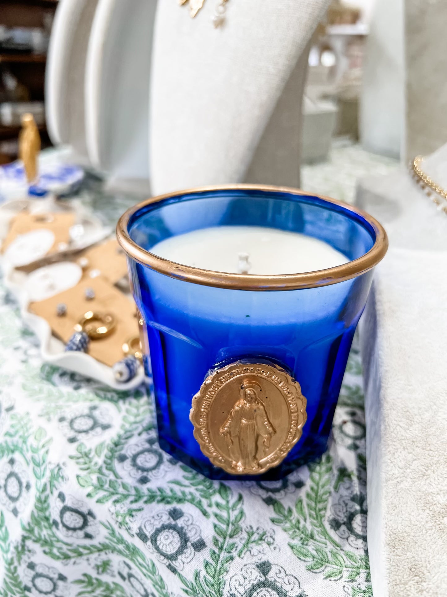 Blessed Mother intaglio on vintage blue glass Beautiful Soul