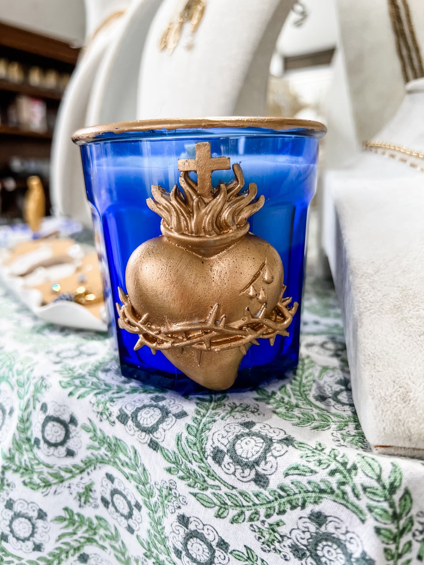 Sacred Heart of Jesus Intaglio on vintage blue glass String of Pearls