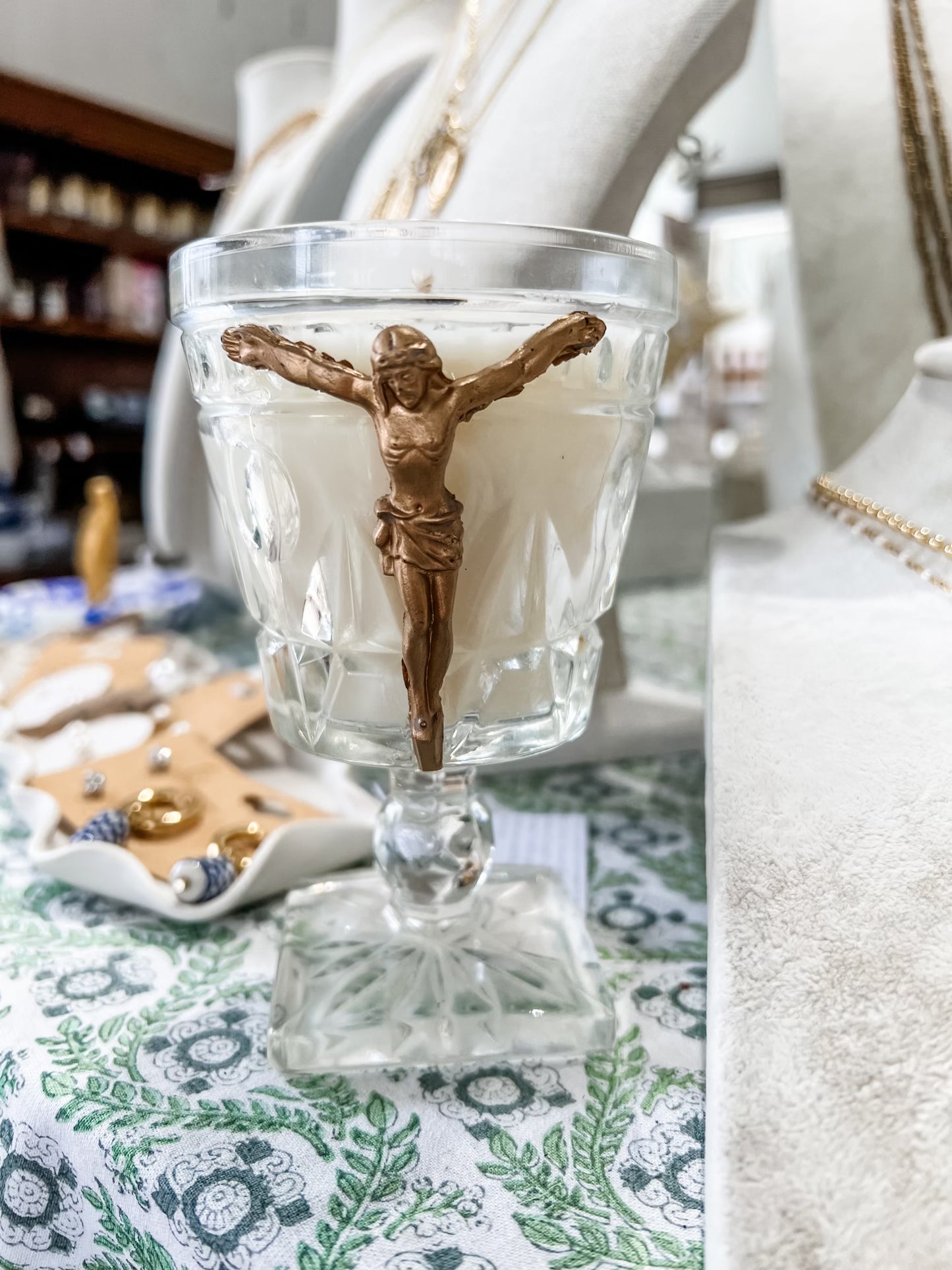 Jesus on crucifix on vintage glass goblet Strong of Pearls