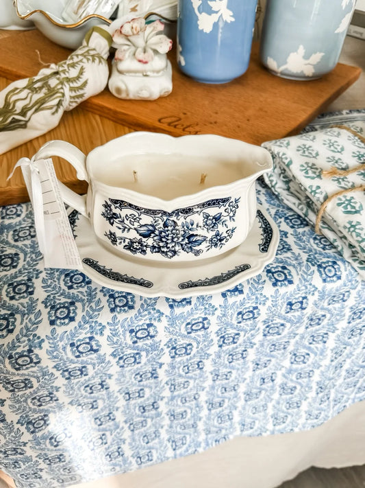 Honey Flower Blue Floral Iron Stone Gravy Boat and Dish
